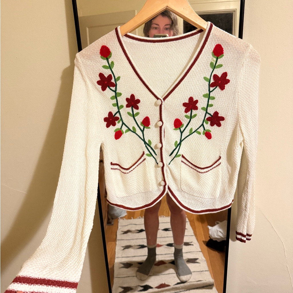 Floral Embroidered White Cardigan Sweater